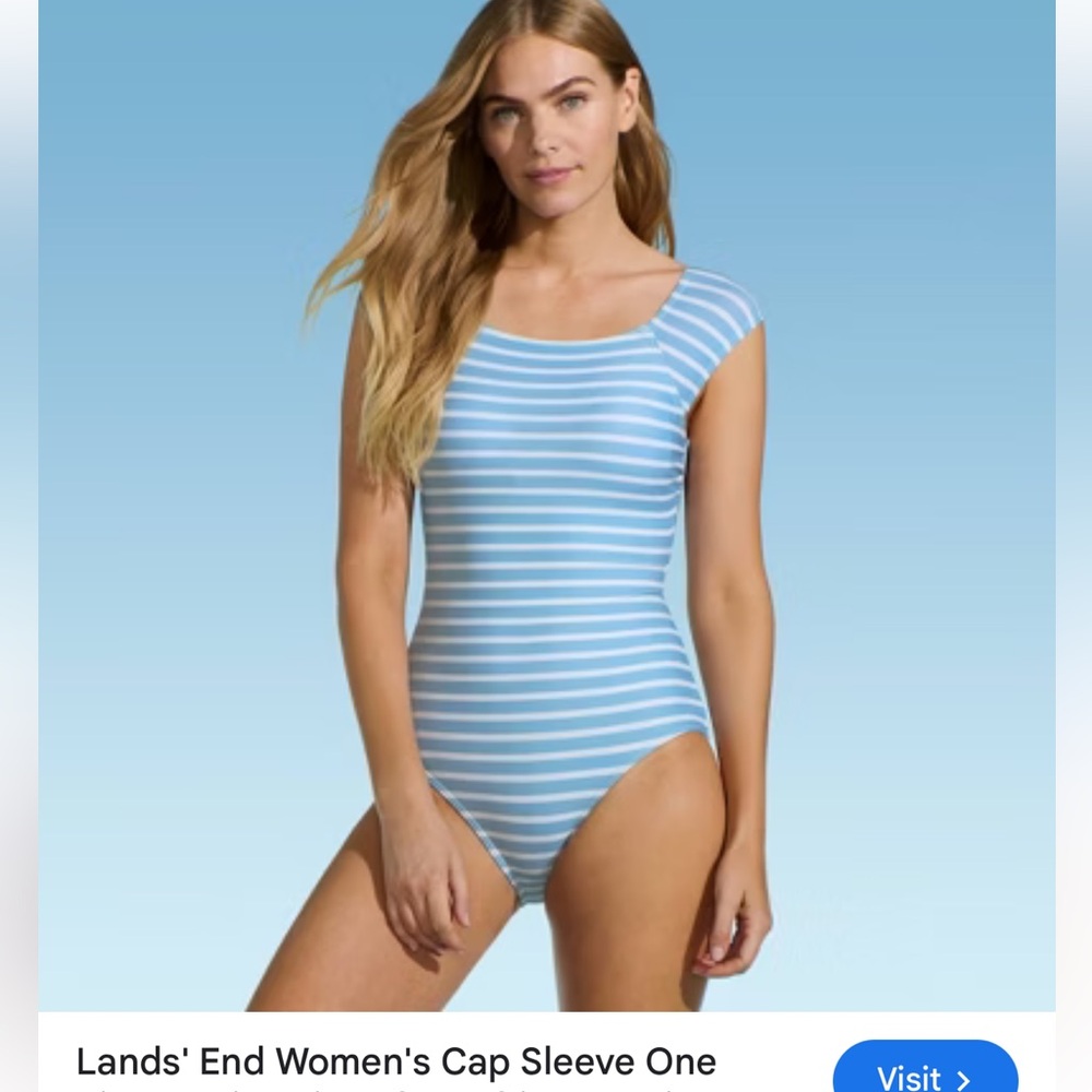Lands' End Striped Cap Sleeve Swimsuit in Blue and White